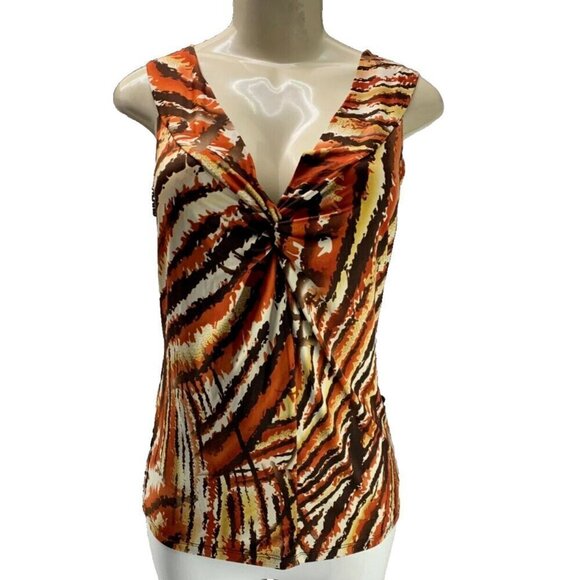 Vintage Suzie S Coral-Brown Swirl Lines Print V-Knotted Neckline Sleeveless Top - Picture 2 of 6